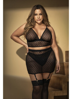Soutien-gorge, string et jupe, grande taille, résille noire - MAL8776XBLK