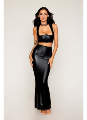 Ensemble Soutien-gorge et jupe longue noir en simili cuir - DG13198BLK