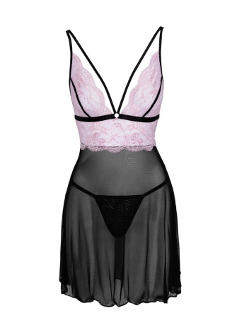 Nuisette en résille noire et dentelle rose sur la poitrine avec string noir - R2741342