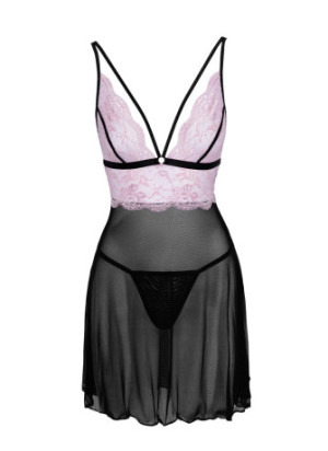 Nuisette en résille noire et dentelle rose sur la poitrine avec string noir - R2741342