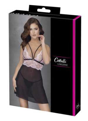 Nuisette en résille noire et dentelle rose sur la poitrine avec string noir - R2741342