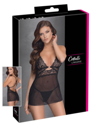 Nuisette noire en dentelle et résille transparente avec string - R2741334