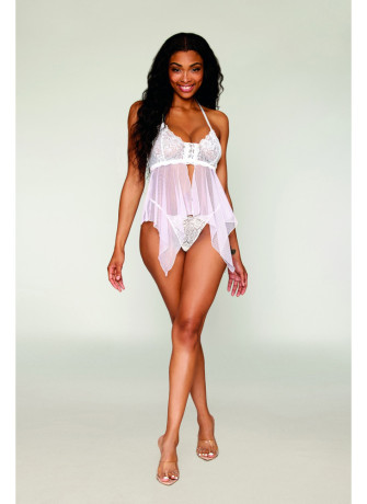 Babydoll et string en résille et dentelle blanche - DG13314WHT