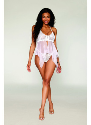 Babydoll et string en résille et dentelle blanche - DG13314WHT