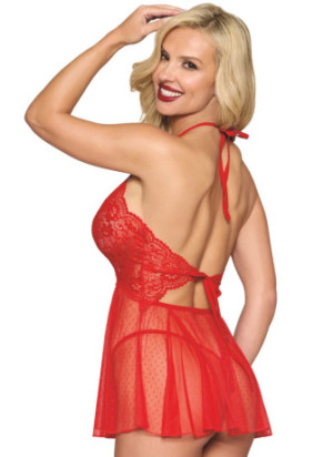 Nuisette rouge en résille et dentelle florale, string assorti - DG13524RED